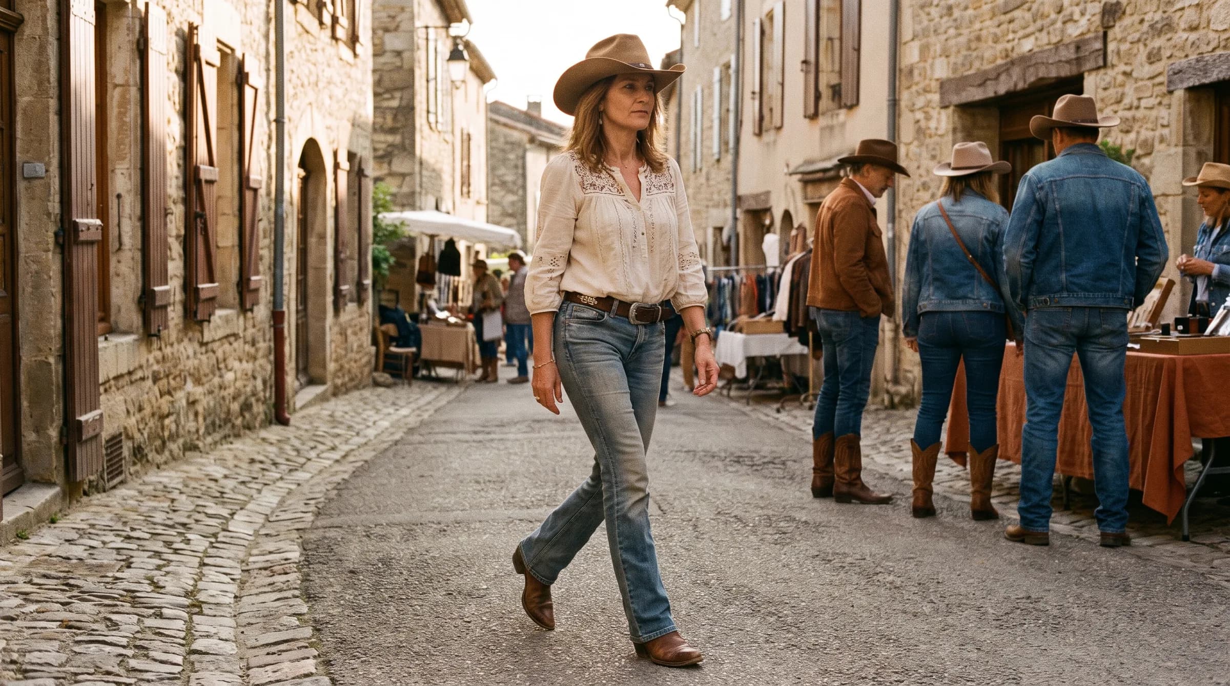 Femme en chapeau de cowboy, santiags brunes et jean bootcut marchant dans une rue pavée