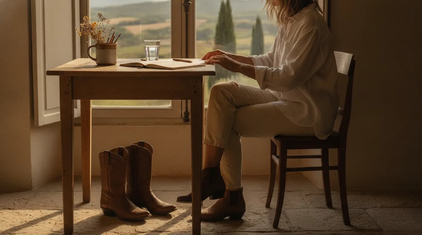 Bureau en bois avec une paire de santiags et un carnet ouvert, lumière dorée de fin d’après-midi