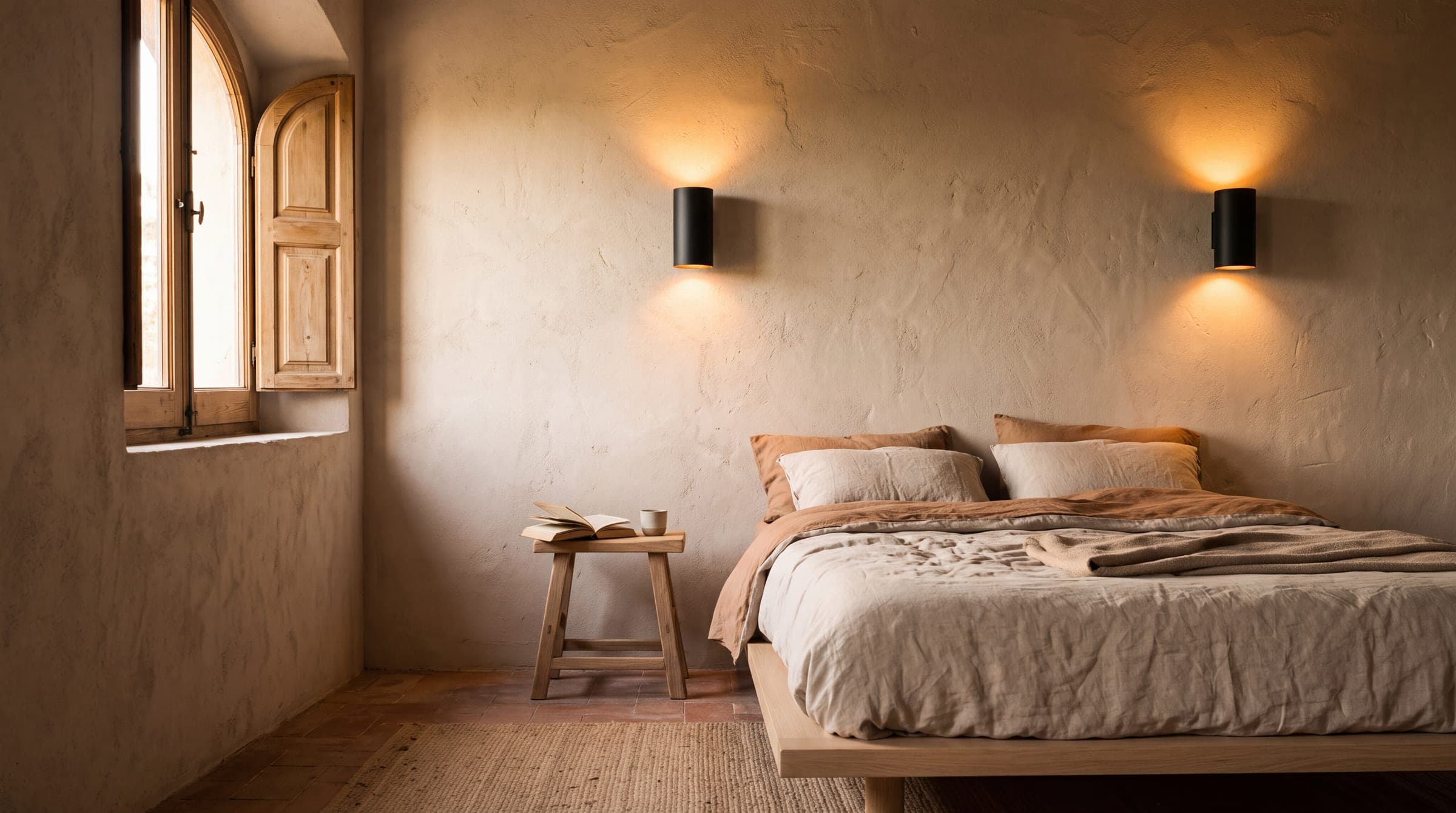 Deux appliques murales allumées au-dessus d’un lit en chêne, lumière chaude