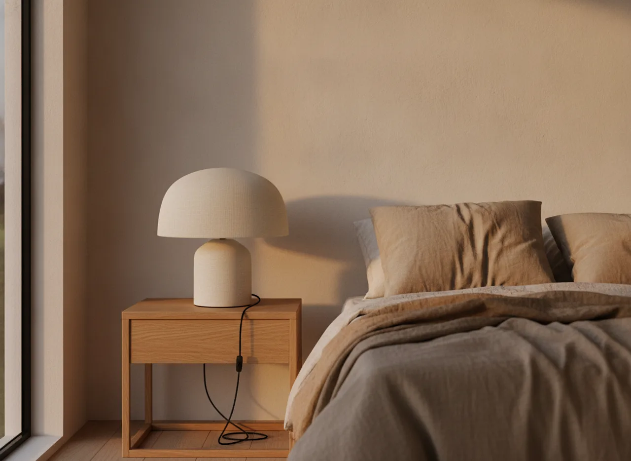 Mur crépi nu au-dessus d’une tête de lit, lampe de chevet encombrante et câble apparent